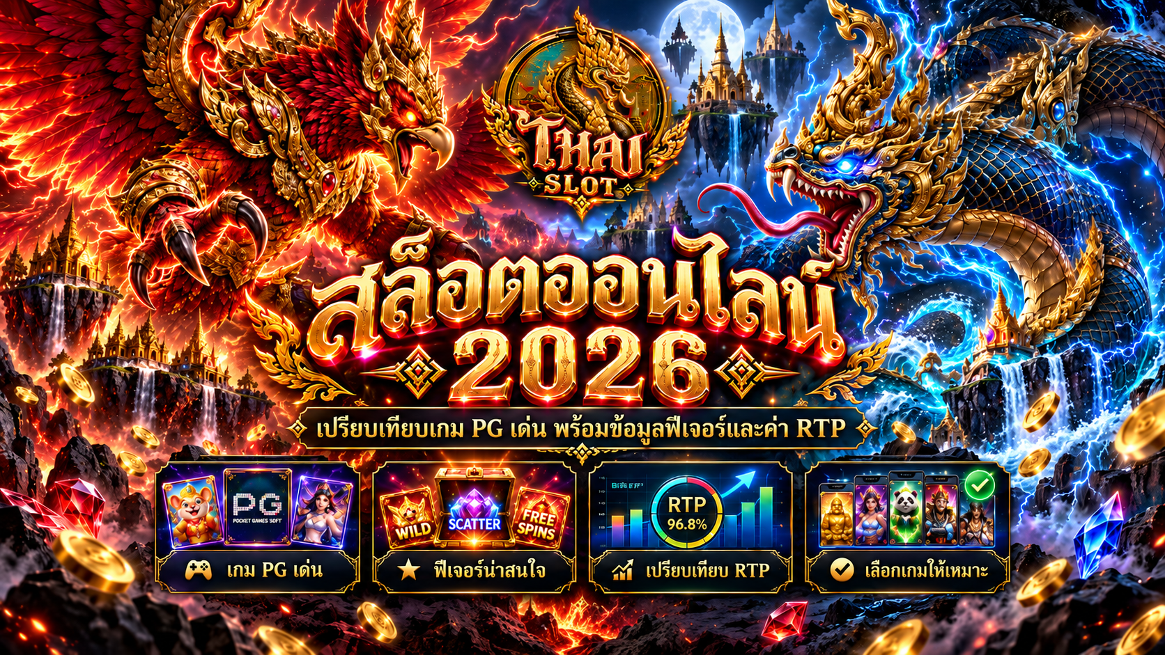 หน้าจอเกมสล็อตสมมติสำหรับอธิบายสัญลักษณ์และกติกา